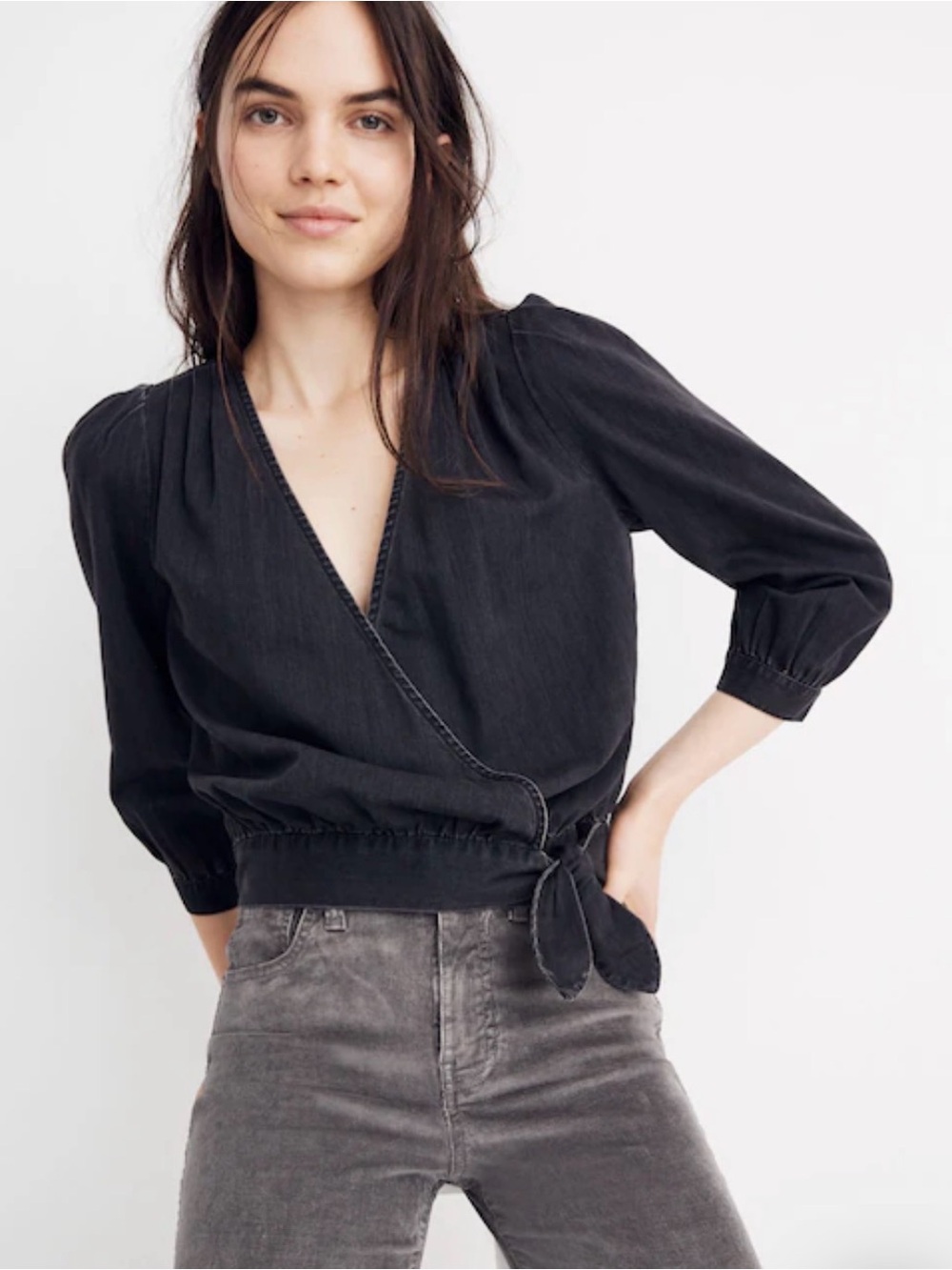 Madewell Charcoal Wrap-Front Blouse with Tie Waist